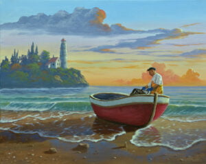 Fisherman on Red Boat – Acrylic Painting