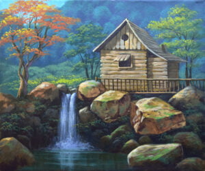 House with Waterfall – Acrylic Painting on Canvas
