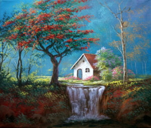 House in the Forest with Waterfalls – Acrylic Painting on Canvas by JMLisondra