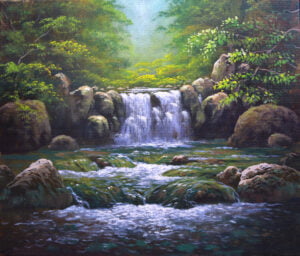 Waterfalls and Rushing River in the Forest – Acrylic Painting on Canvas