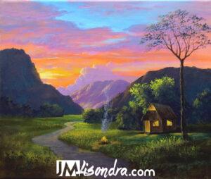 Sunset with native house – Acrylic Painting in Canvas by JMLisondra