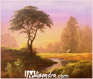Tree in the Misty Autumn Landscape – Acrylic Painting in Canvas by JMLisondra