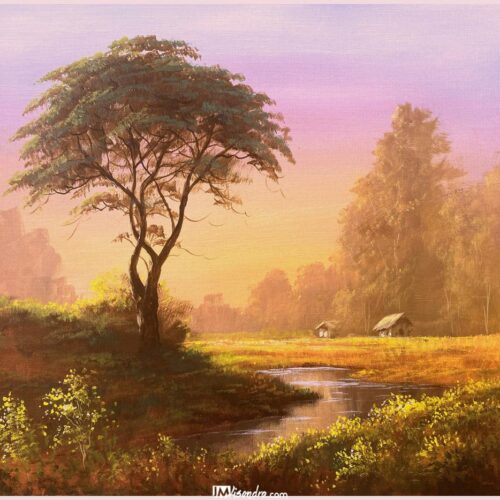 Home 6 Tree in the Misty Autumn Landscape - Acrylic Painting in Canvas by JMLisondra
