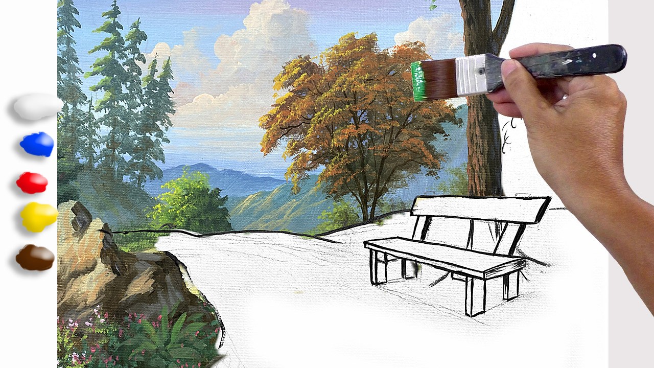 How to Paint Landscape wih Old Bench in Acrylics / Time-lapse / JMLisondra