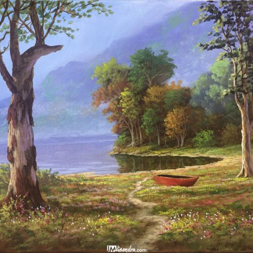 Boat Beside the Lake - Acrylic Painting in Canvas by JMLisondra