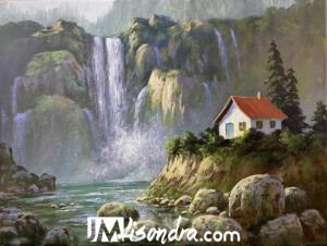 House beside the waterfalls – Acrylic Painting in Canvas by JMLisondra