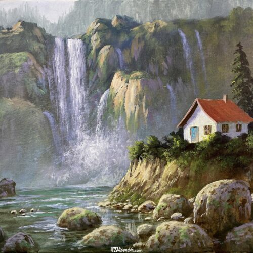 Home 3 House beside the waterfalls - Acrylic Painting in Canvas by JMLisondra