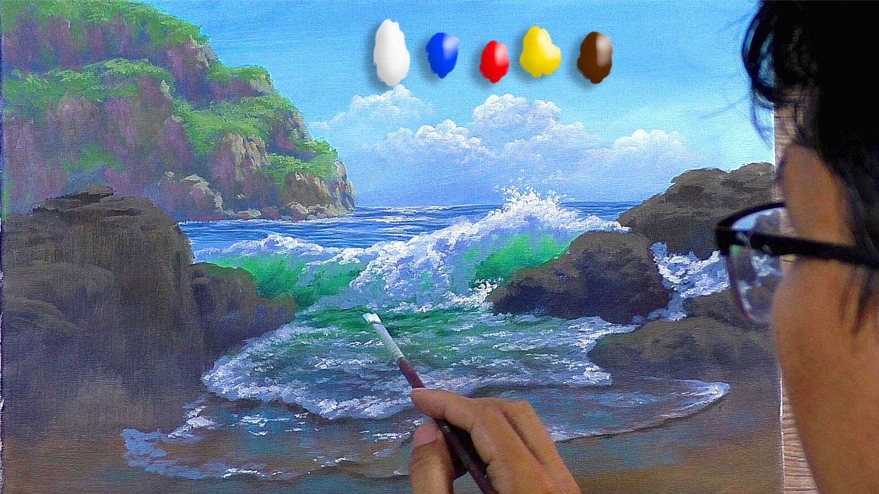 How to Paint Rocky Beach and Crashing Waves in Acrylics / Time-lapse / JMLisondra