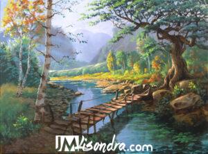 Wooden Bridge in the River – Acrylic Painting in Canvas by JMLisondra