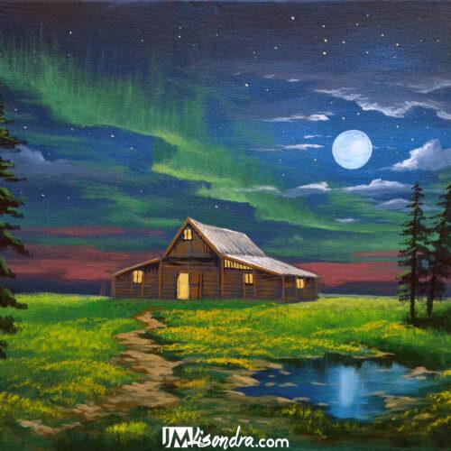 Cabin in Moonlight - Acrylic Painting in Canvas by JMLisondra
