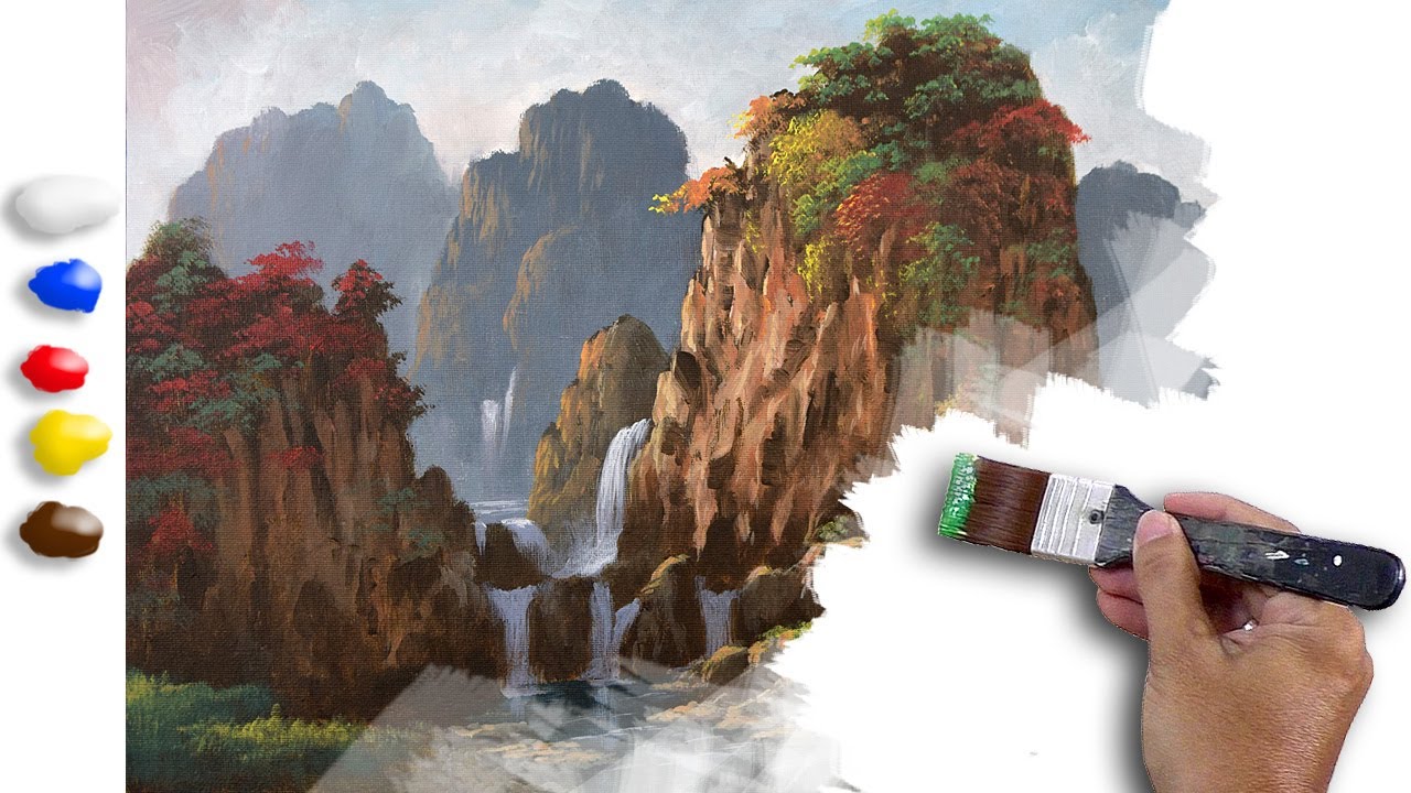 Landscape Painting Mountains and Waterfalls in Acrylics / Time-lapse / JMLisondra