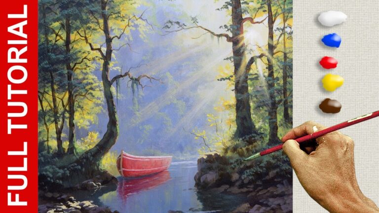TUTORIAL : Landscape Painting Acrylic / Sunrays on the River with Boat / JMLisondra
