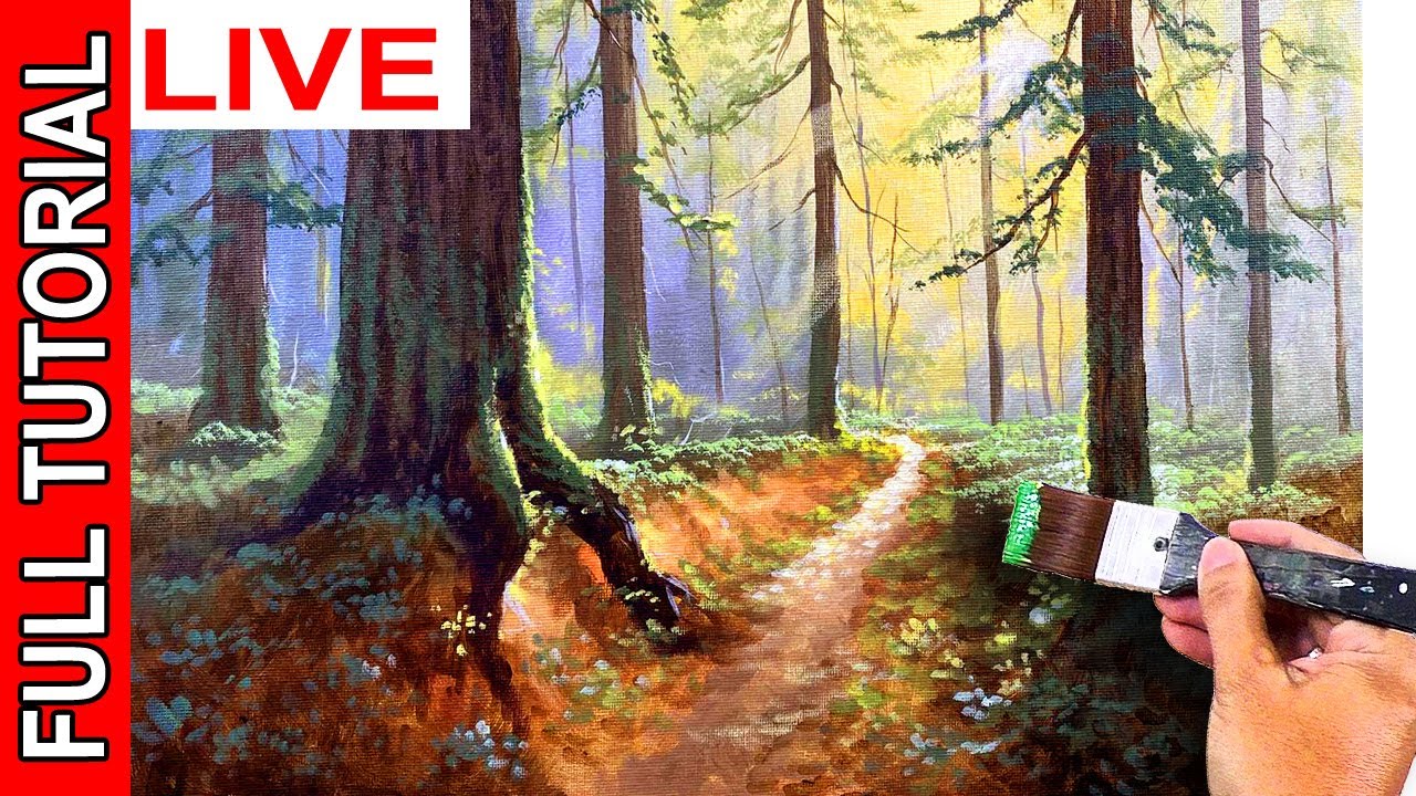 Painting a Forest Path with Detailed Tree Trunks in Acrylics / JMLisondra